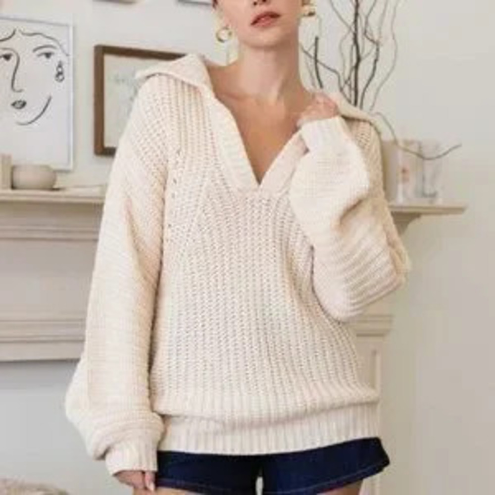 ZARA Knit Collar V-Neck Long Sleeve Sweater Cream